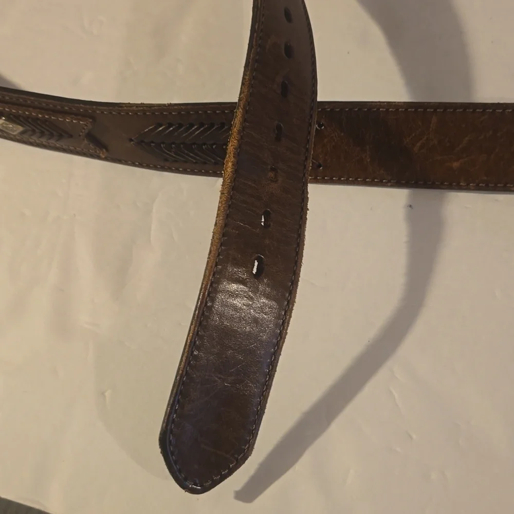 Vintage Western Belt Brown Top Grain Leather Woven detail Silver emblem Sz.L